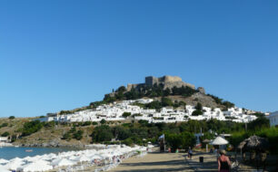 Lindos Town, Beach and Acropolis on Rhodes in the Dodecanese