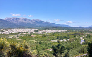 View of Modern Sparta and Mount Taygetus from Mystras in the Peloponnese in Greece