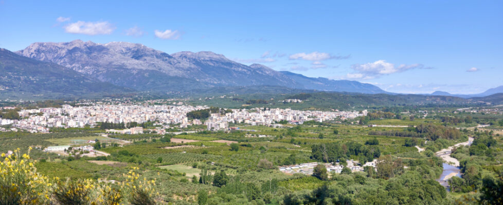 View of Modern Sparta and Mount Taygetus from Mystras in the Peloponnese in Greece