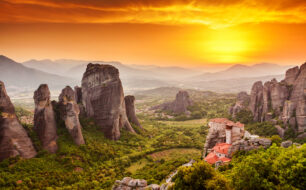 Meteora Roussanou Monastery At Sunset, Greece