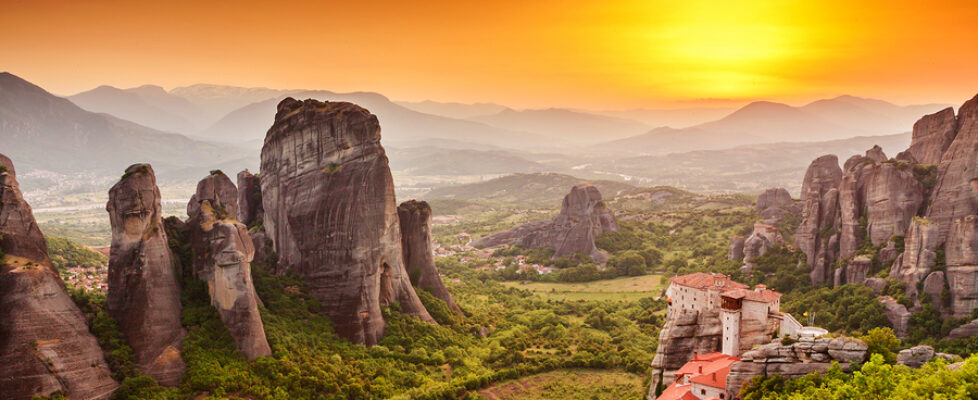 Meteora Roussanou Monastery At Sunset, Greece