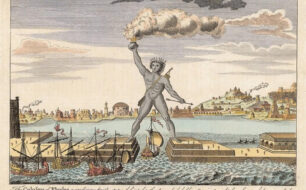 The Colossus of Rhodes straddling Mandraki Harbour in Rhodes Town