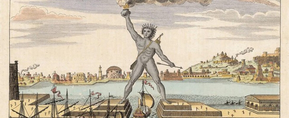 The Colossus of Rhodes straddling Mandraki Harbour in Rhodes Town