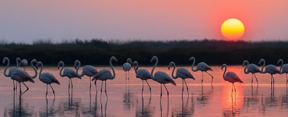Flamingos at sunset at Lake Vistonida in East Macedonia and Thrace National Park