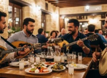 Cretan musicians playing in a taverna