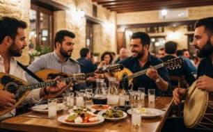 Cretan musicians playing in a taverna