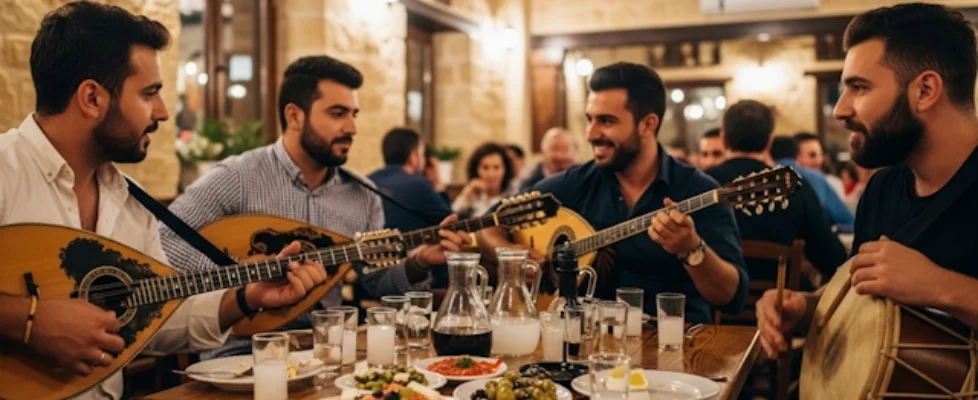 Cretan musicians playing in a taverna